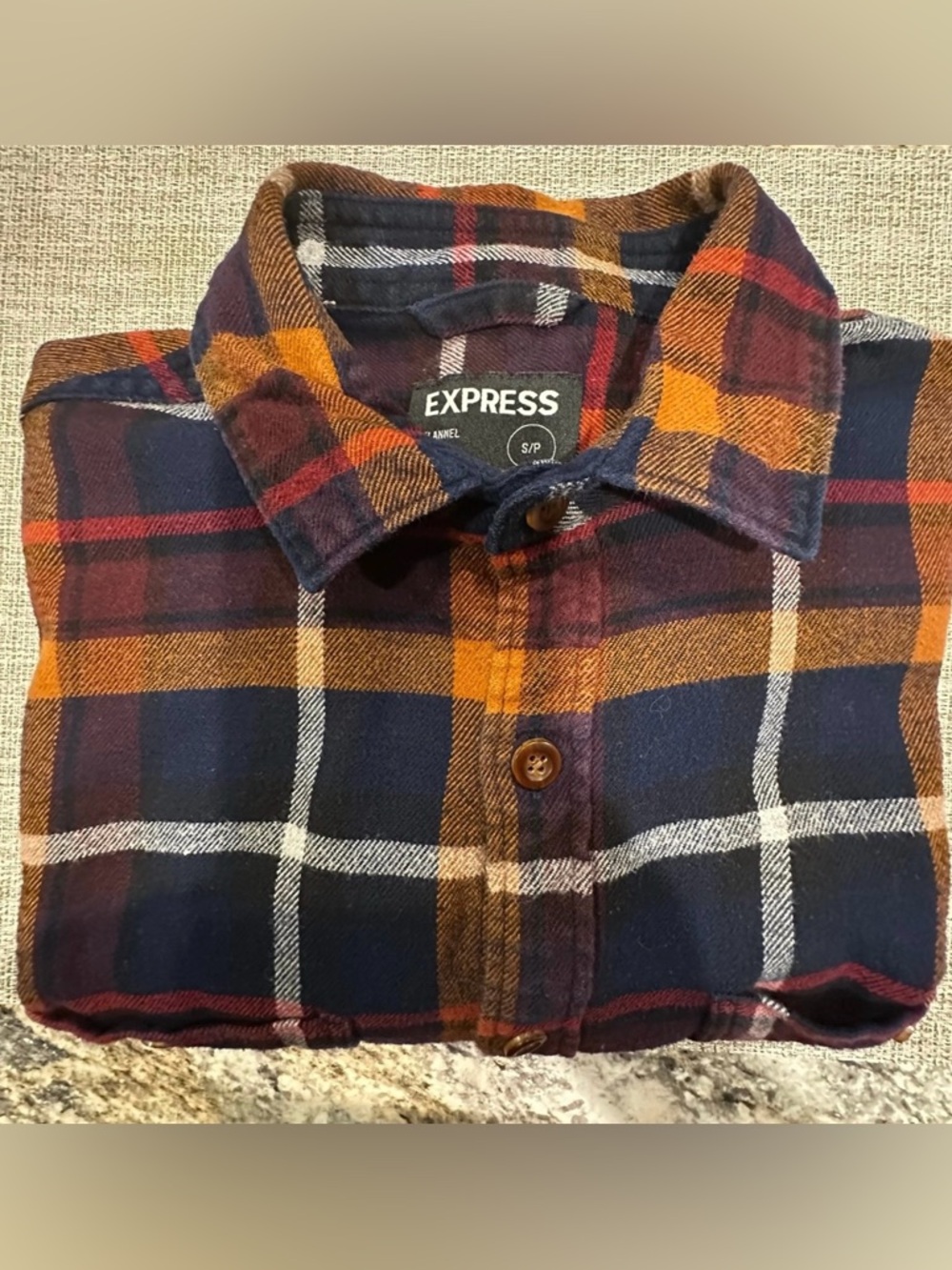 Express Men’s Plaid Button-Down Shirt - Navy, Orange, Red